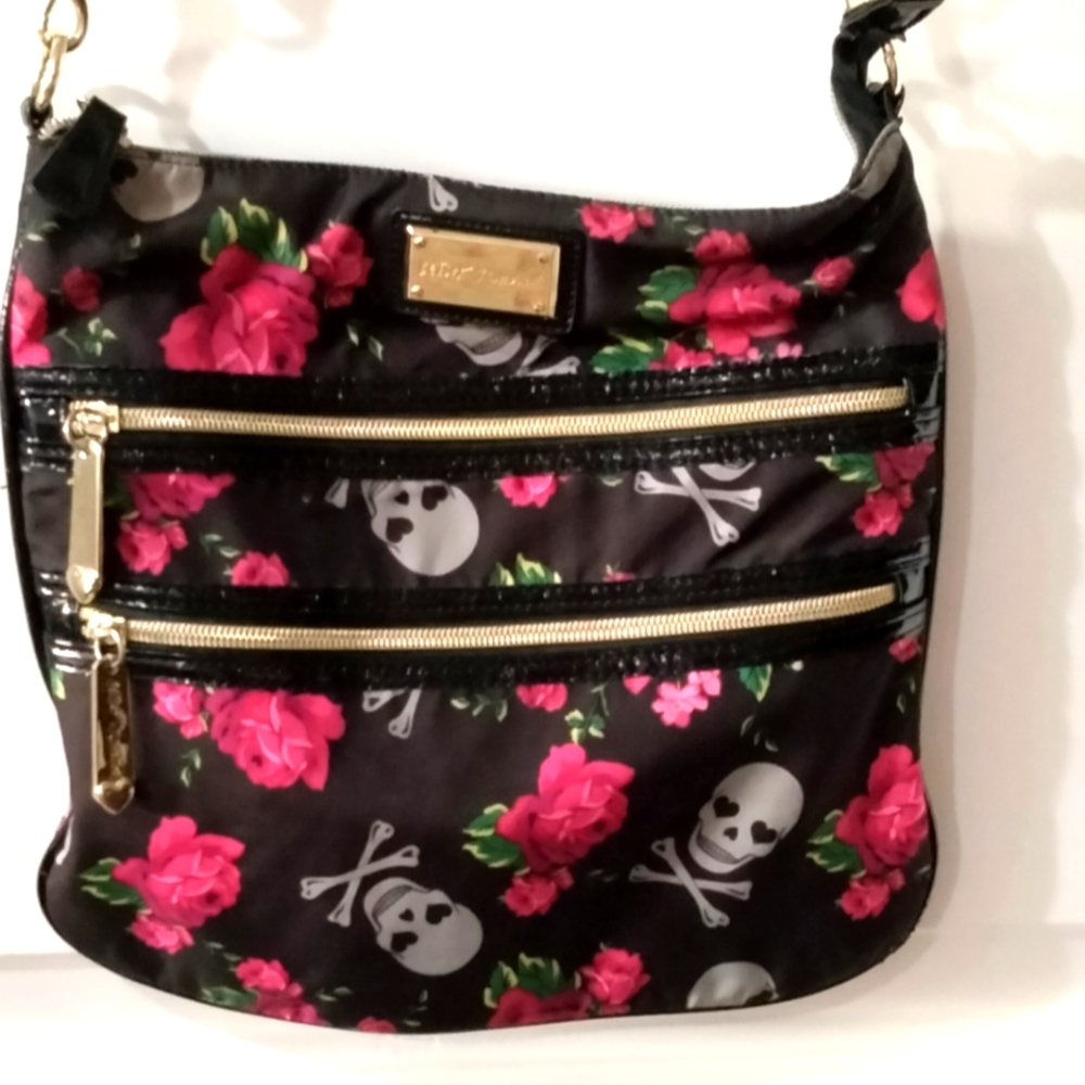 BETSEY JOHNSON crossbody purse skulls and pink roses.
